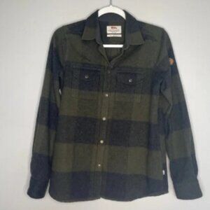 Fjallraven Canada Shirt Wool Flannel Plaid XS Button Snap Front Dark Green Black